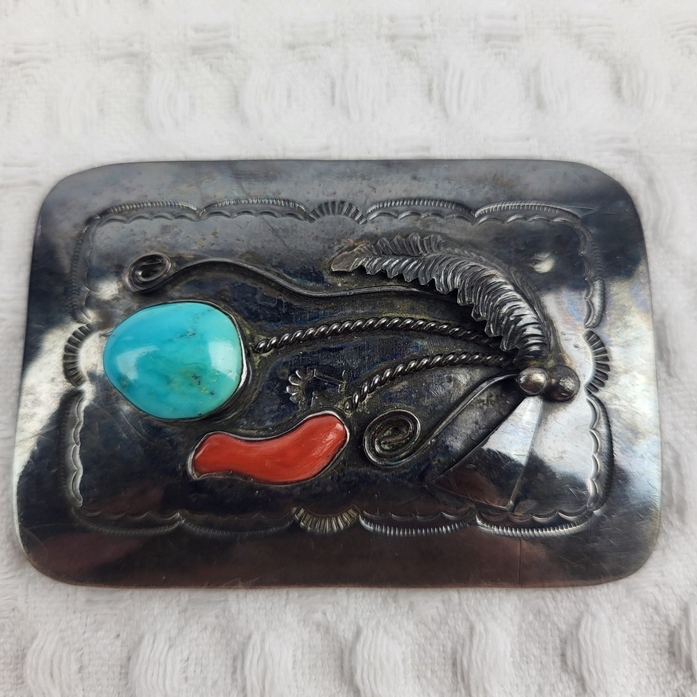 Navajo Sterling Silver Belt Buckle Turquoise Coral Vintage 3" Stamped Handmade